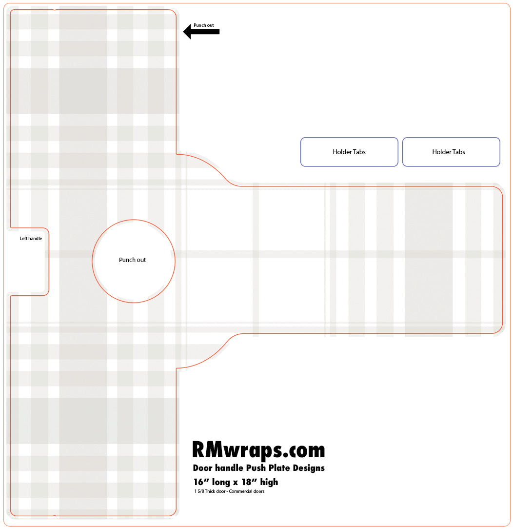 Design template for a door handle push plate with RMwraps.com branding.