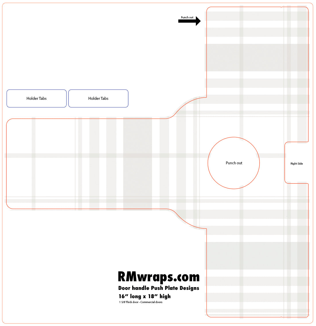 Design template for a door handle push plate with grid lines and cut-out areas, sourced from RMwraps.com.