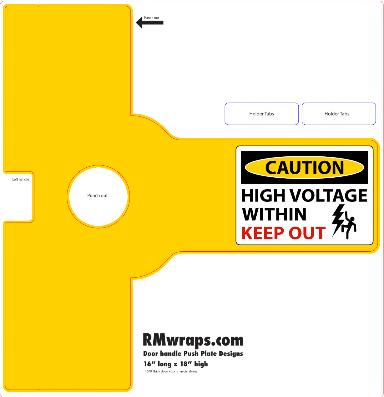 Yellow door handle push plate with safety warning label and RMwraps.com branding.