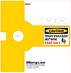 Yellow door handle push plate with safety warning label and RMwraps.com branding.