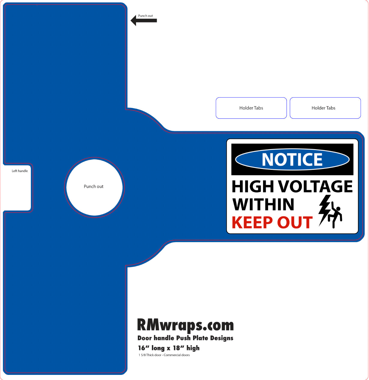 Blue door handle pack plate design with high voltage warning label on a white background