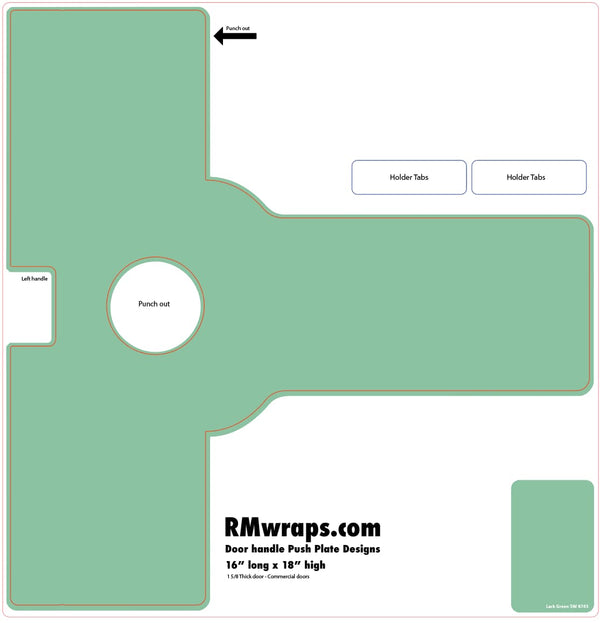 Design template for a door handle push plate with labeled parts and dimensions, sourced from RMwraps.com.