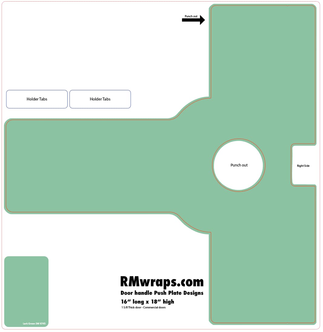 Green door handle push plate design with labeled parts on a white background, featuring RMwraps.com branding.