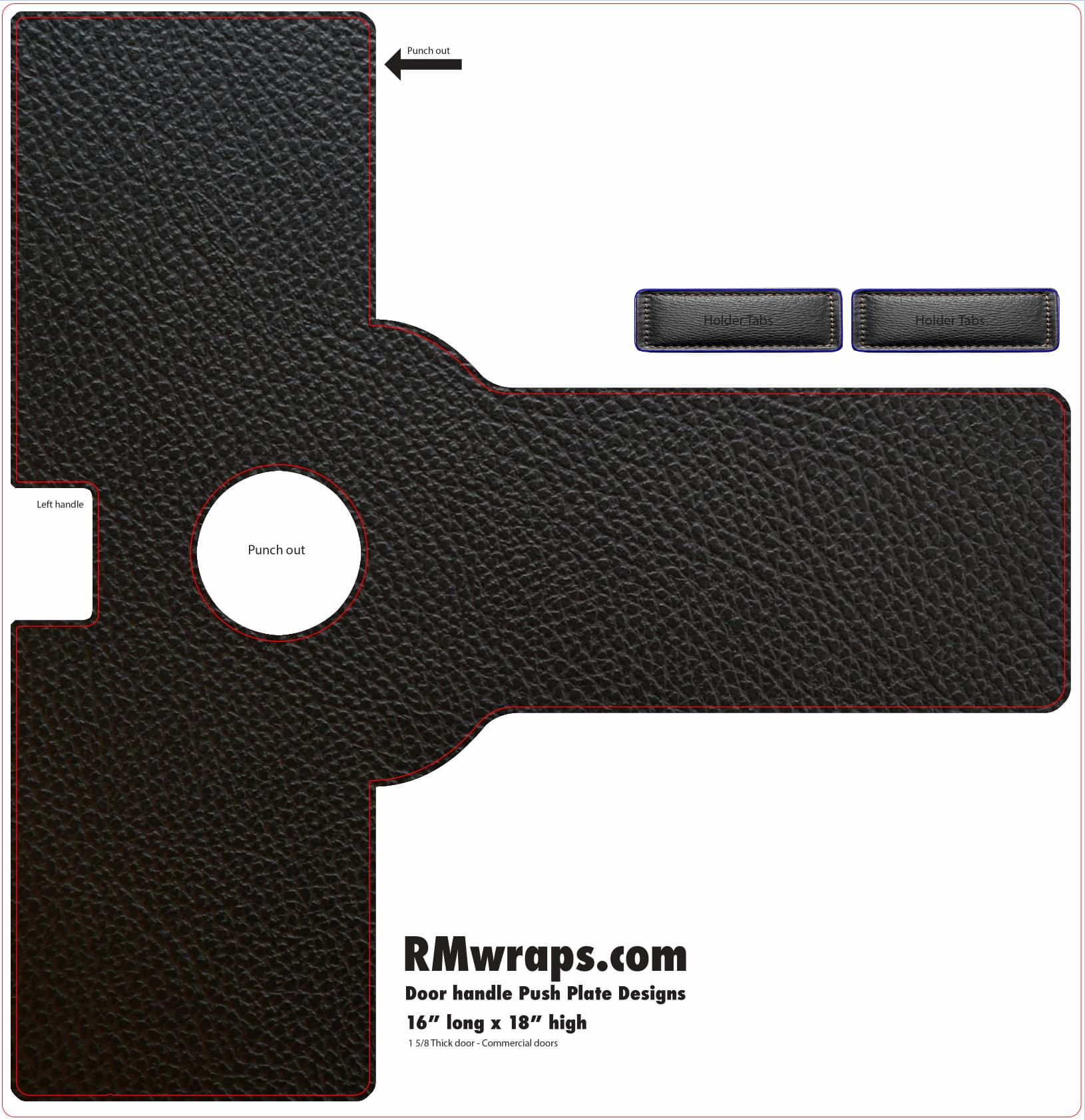 Black leather door handle wrap template with cutout instructions on a white background