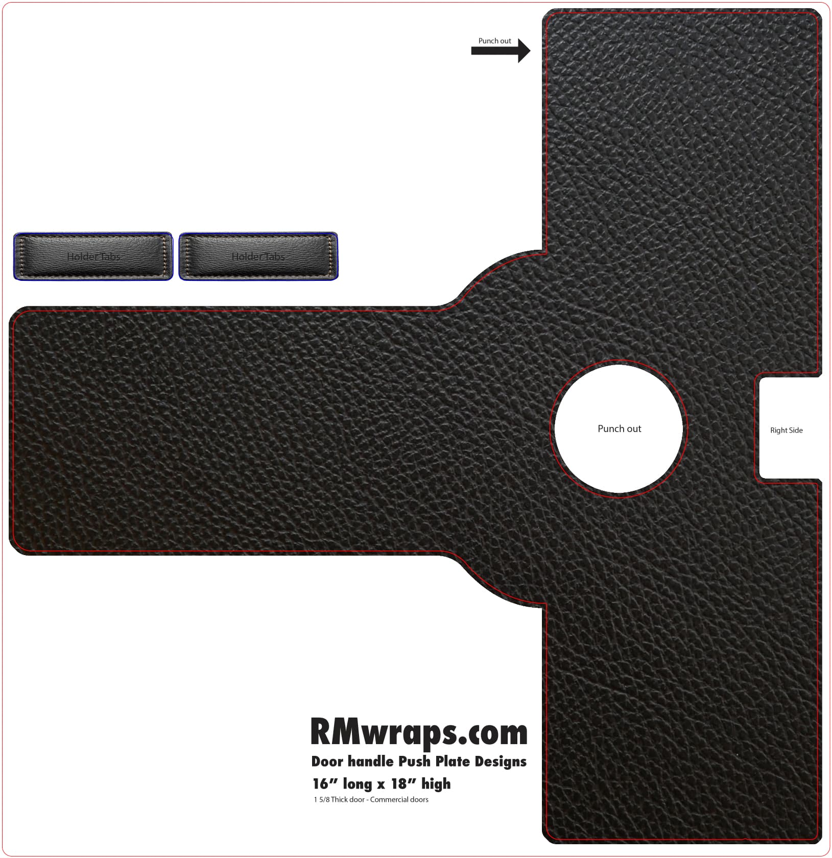 Black leather door handle wrap design with cut-out instructions on a white background