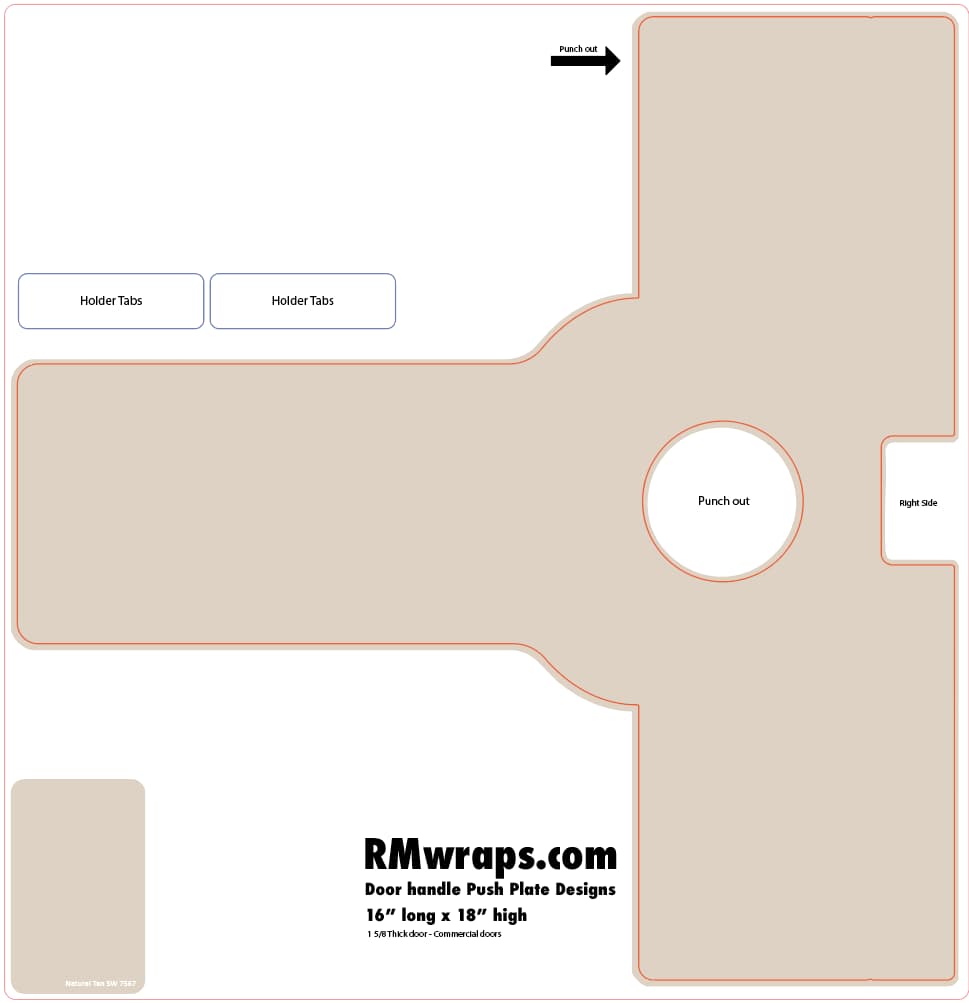 Design template for a door handle push plate with 'RMwraps.com' branding.