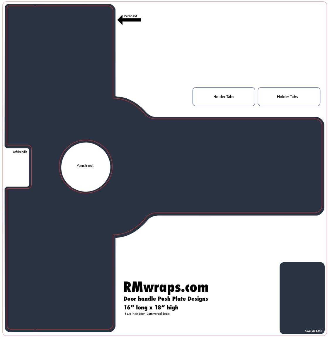 Template for door handle push plate with cut-out instructions and RMwraps.com branding.