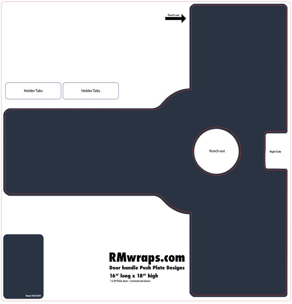 Design template for a door handle push plate with labeled parts and RMwraps.com branding.