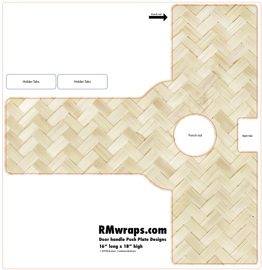 Design template for a door handle push plate with herringbone pattern and RMwraps.com branding.