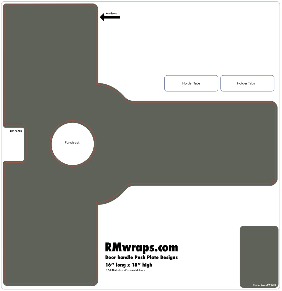 Template for door handle push plate with labeled parts and RMwraps.com branding.