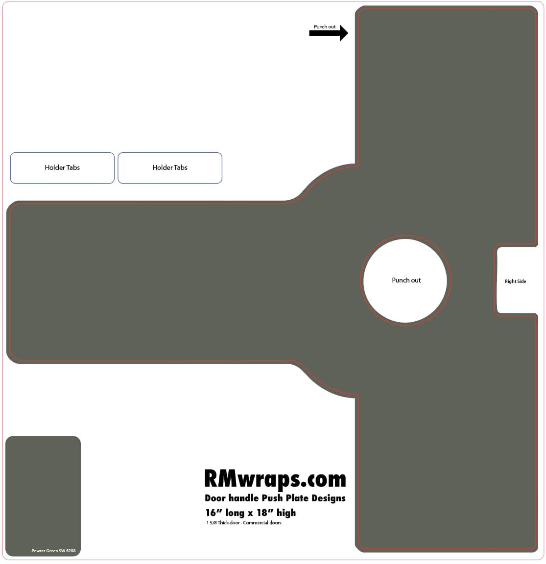 Template for a door handle push plate with labeled parts and dimensions, featuring RMwraps.com branding.