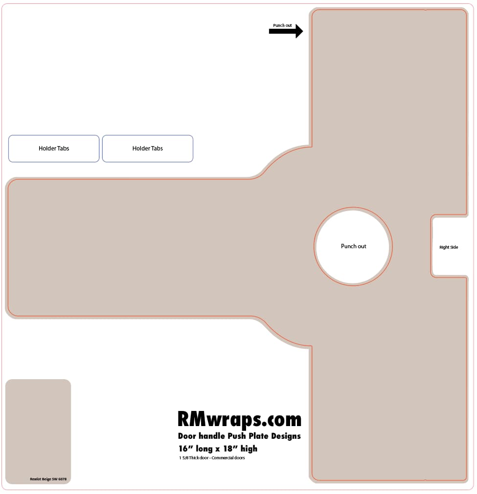Design template for a door handle push plate with 'RMwraps.com' branding.
