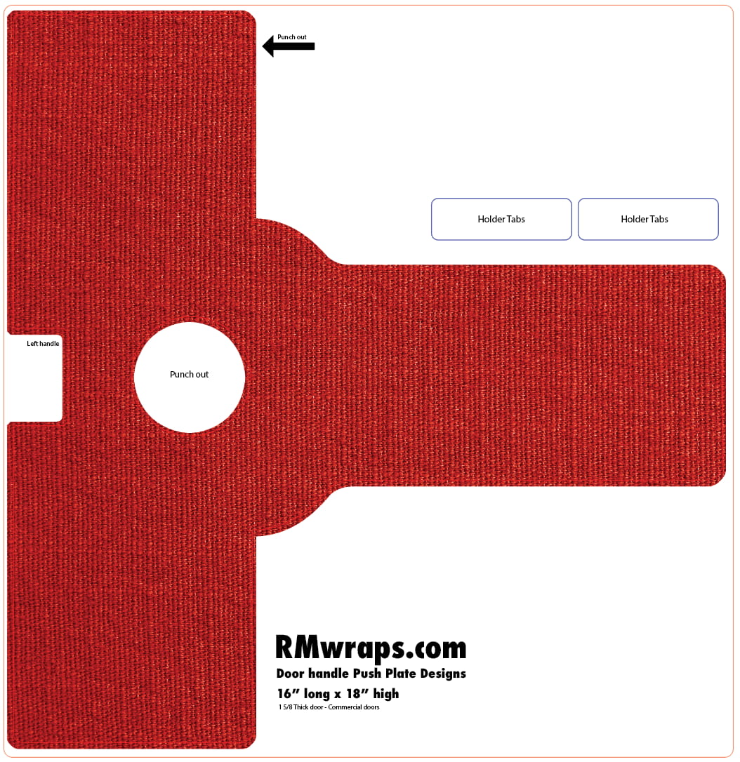 Red push plate design template with text and branding on a white background