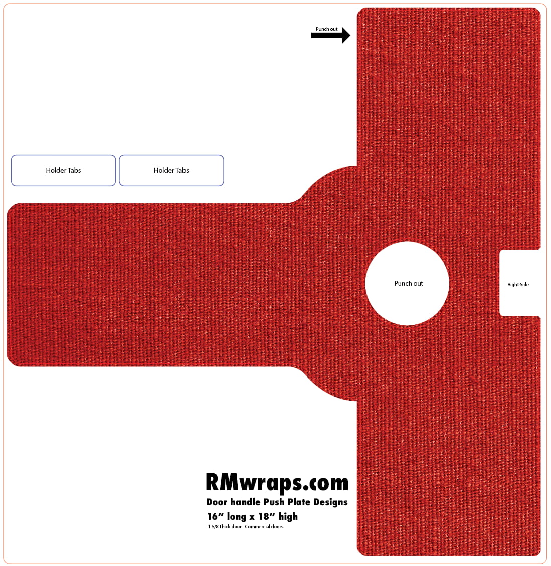 Red door handle push plate design with labeled parts on a white background, featuring RMwraps.com branding.