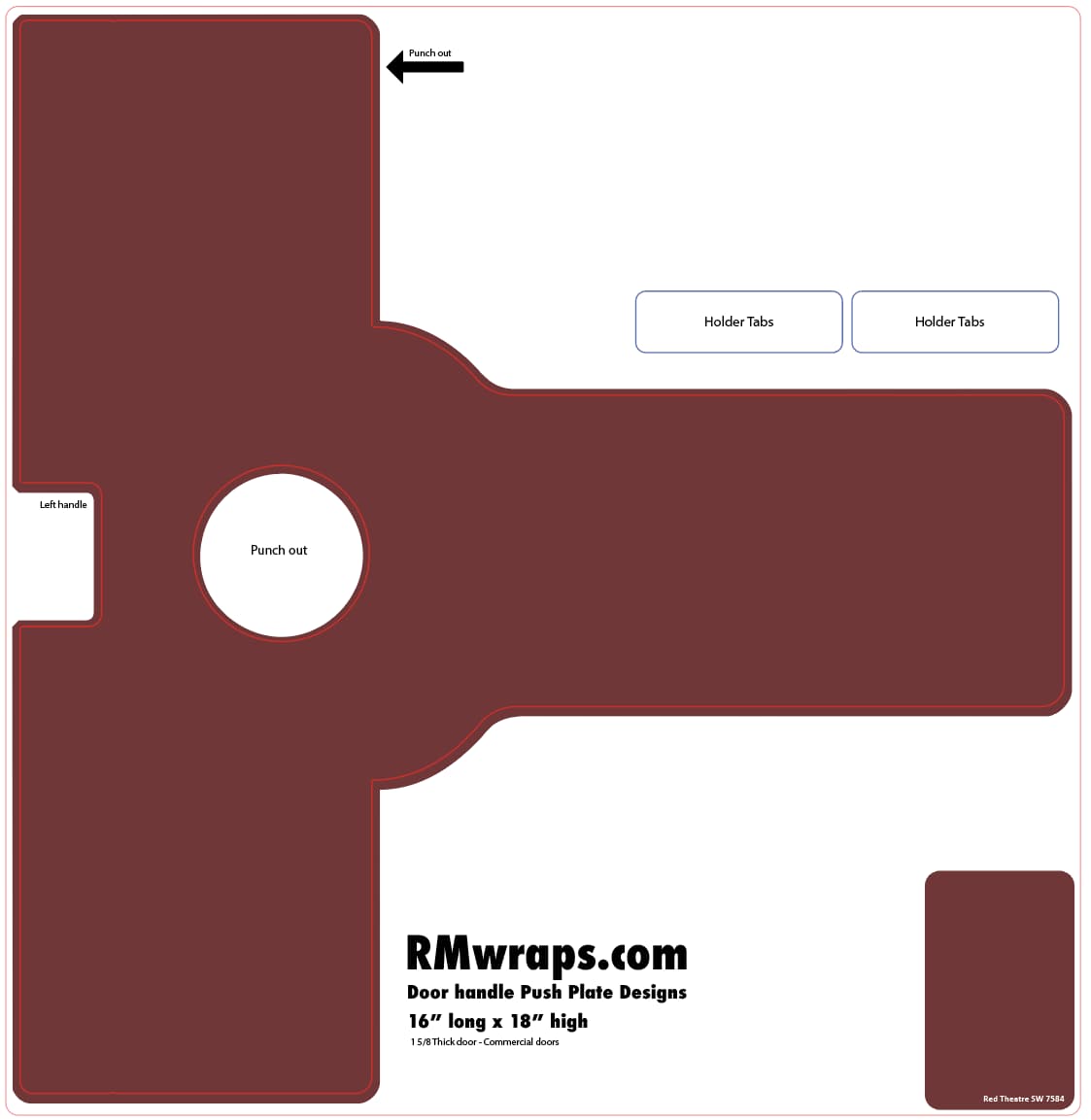 Maroon door handle push plate design with text and website information on a white background