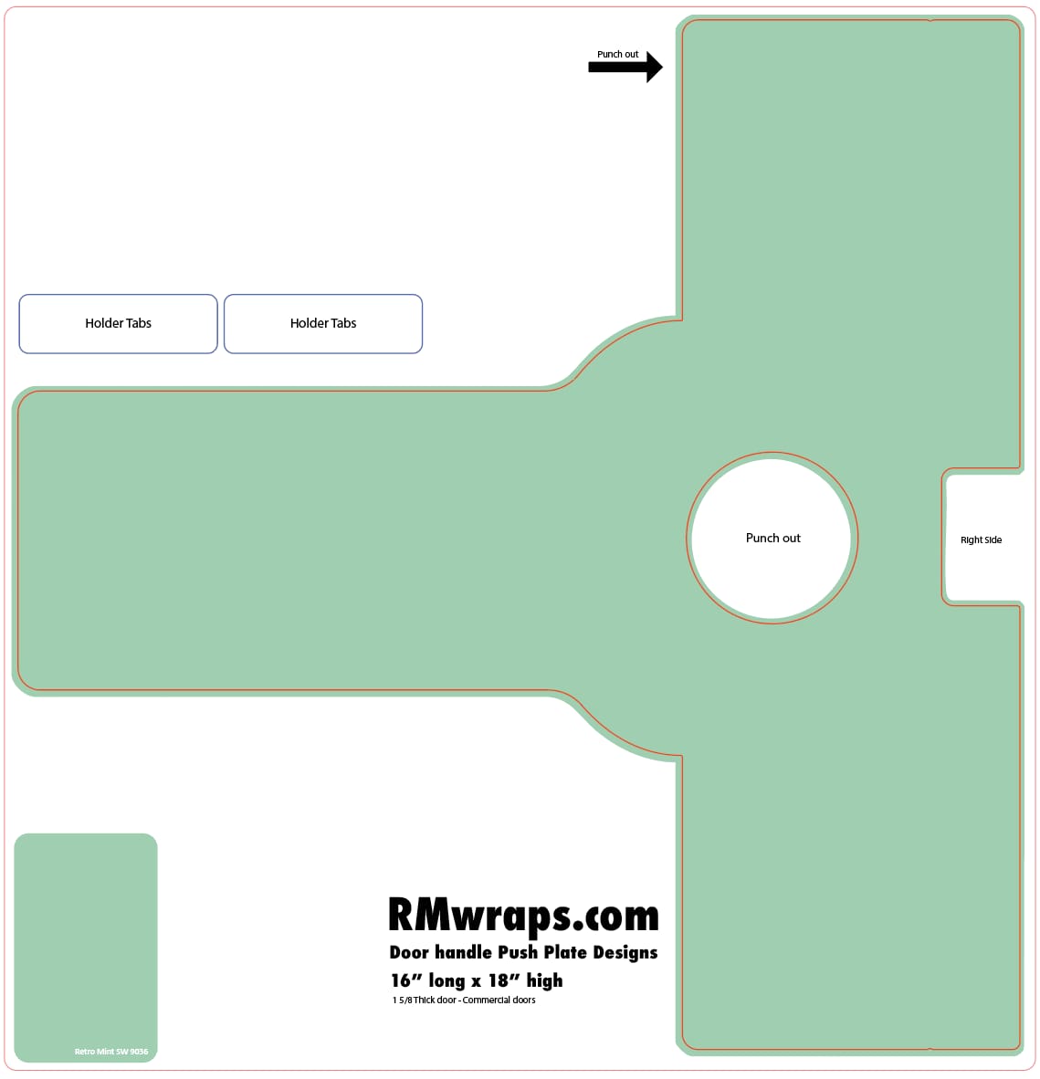 Design template for a door handle push plate with labeled parts and dimensions, featuring RMwraps.com branding.