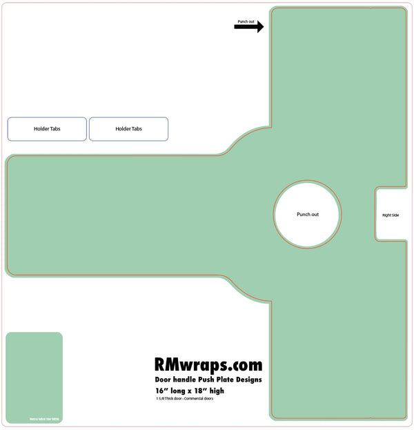 Design template for a door handle push plate with labeled parts and dimensions, featuring RMwraps.com branding.