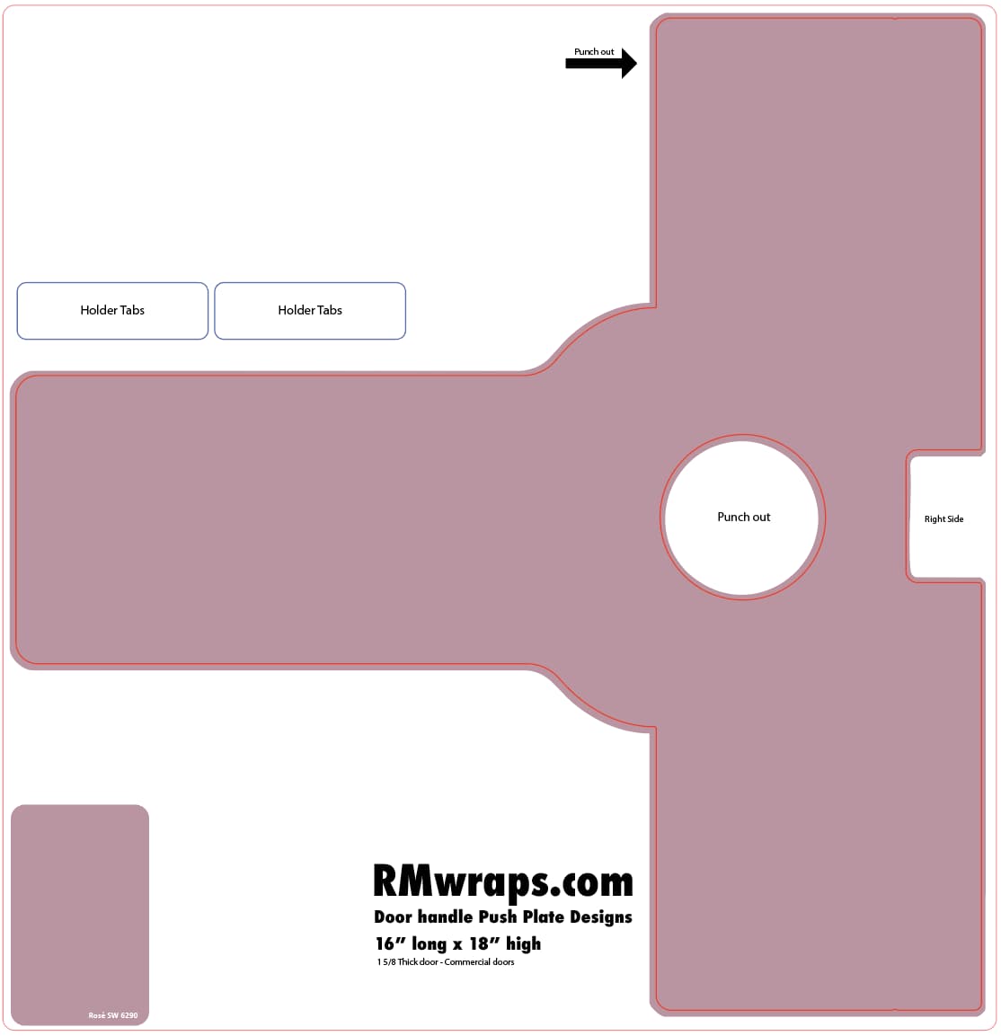 Design template for a door handle push plate with 'RMwraps.com' branding.