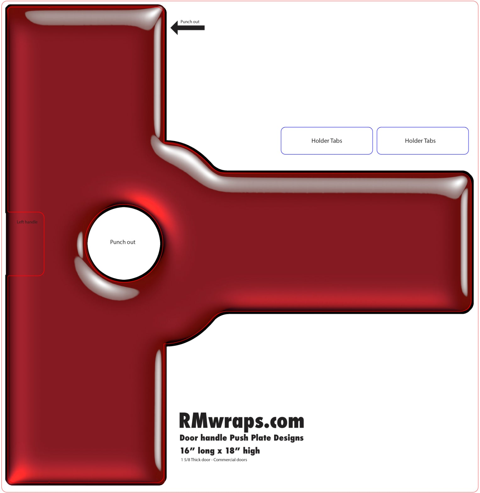 Red push plate design with white center and 'RMwraps.com' branding on a white background
