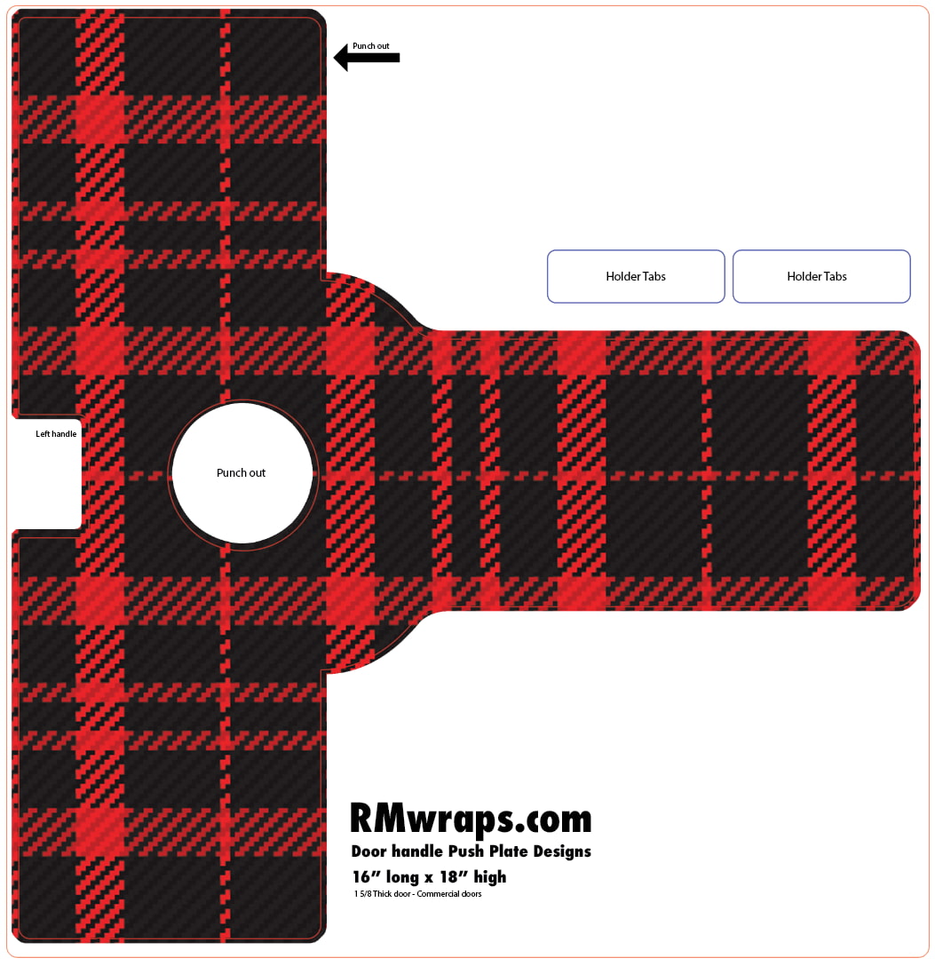 Red and black plaid door handle push plate design with RMwraps.com branding.