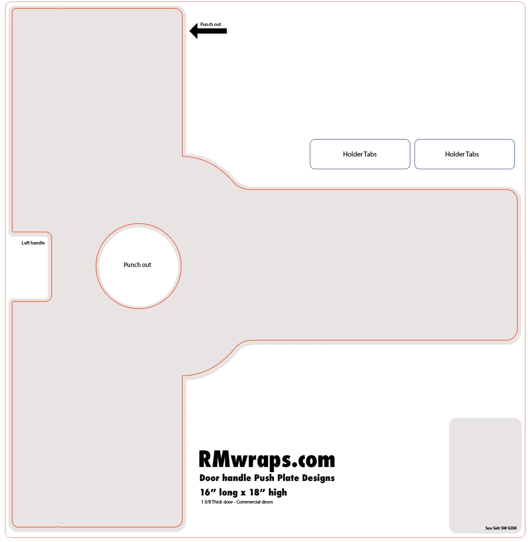 Design template for a door handle push plate with 'RMwraps.com' branding.