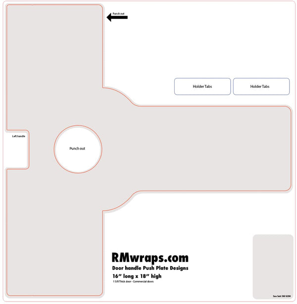 Design template for a door handle push plate with 'RMwraps.com' branding.