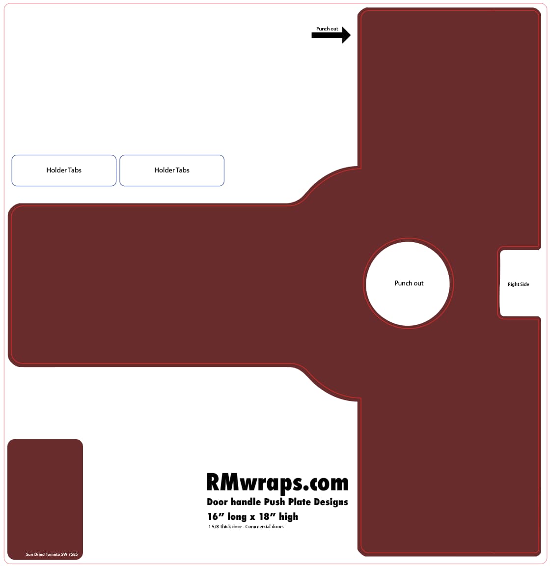 Brown push plate design with cut-out areas and RMwraps.com branding on a white background