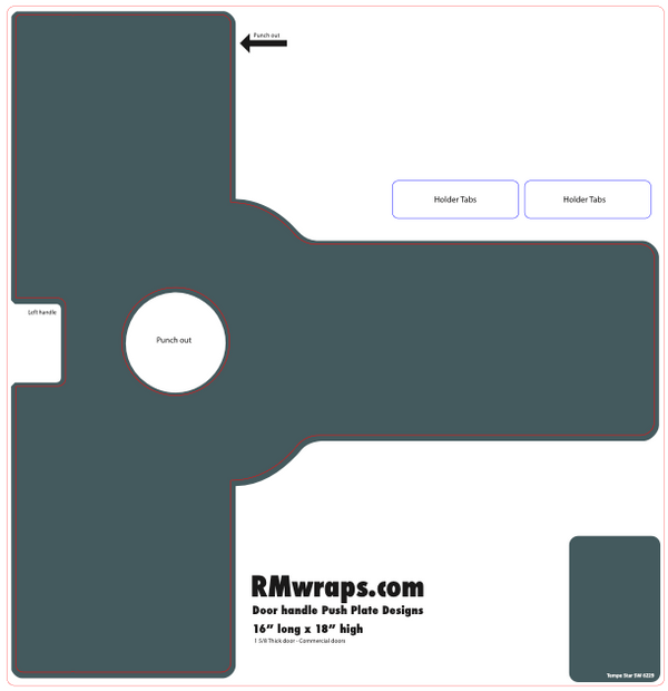 Design template for a door handle push plate with labeled parts on a white background.