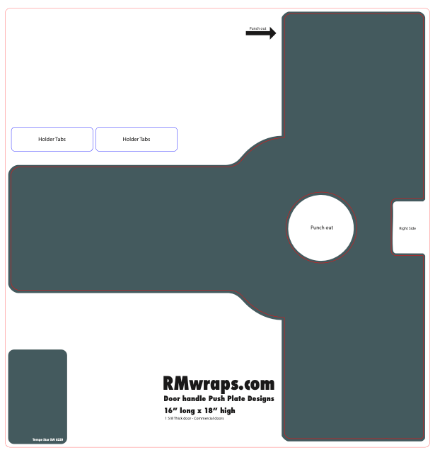 Design template for a door handle push plate with labeled parts and dimensions, sourced from RMwraps.com.