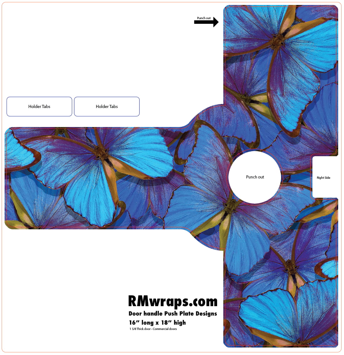 Decorative push plate with blue butterfly design and RMwraps.com branding.