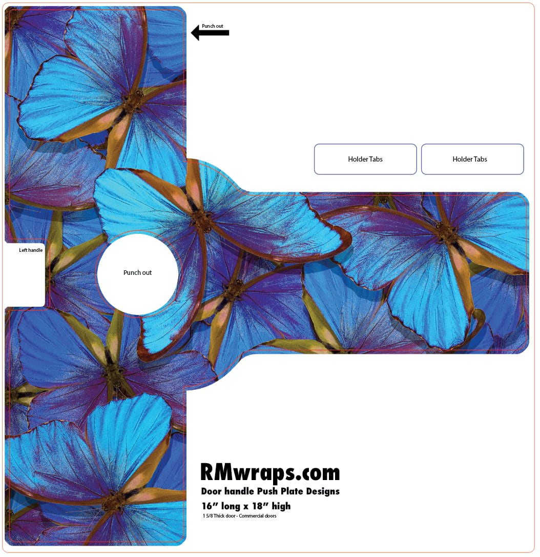 Blue butterfly patterned decal with RMwraps.com branding on a white background
