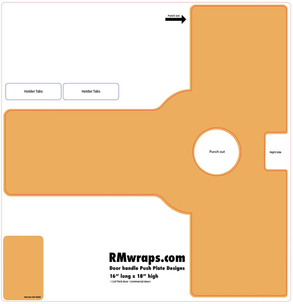 Orange push plate design template with labeled parts and RMwraps.com branding.