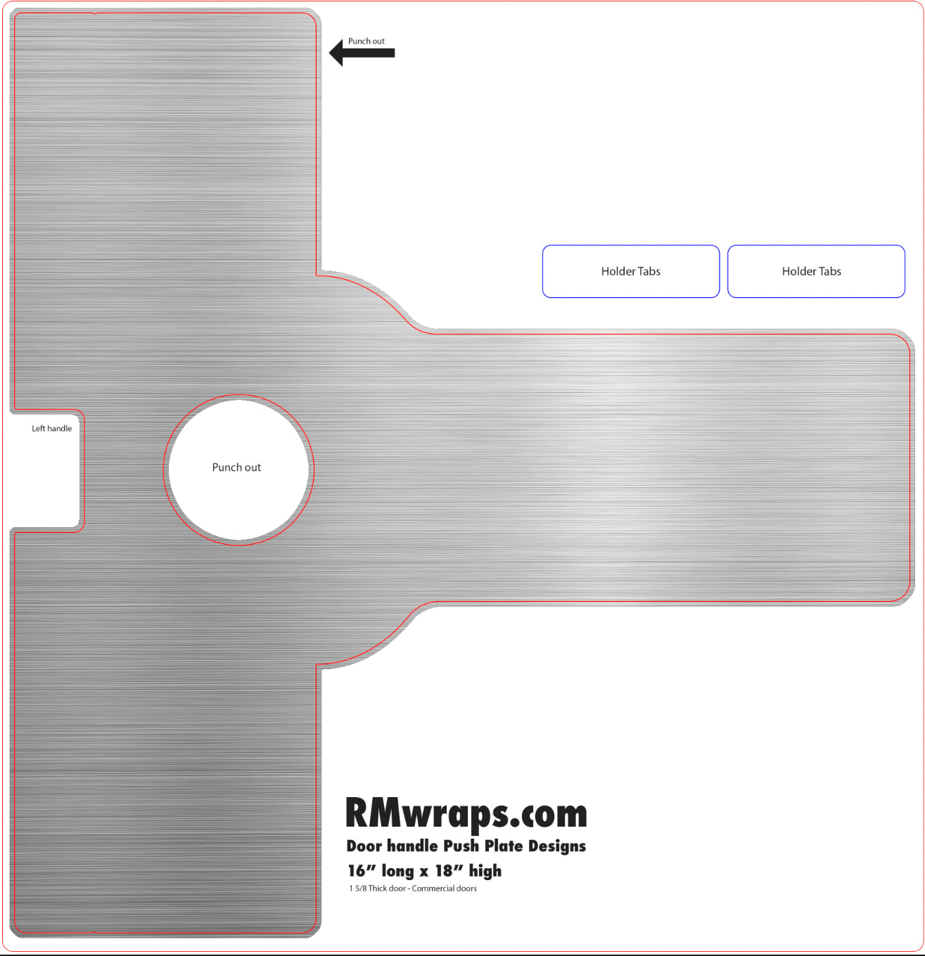 Design template for a door handle push plate with labeled parts and dimensions, sourced from RMwraps.com.