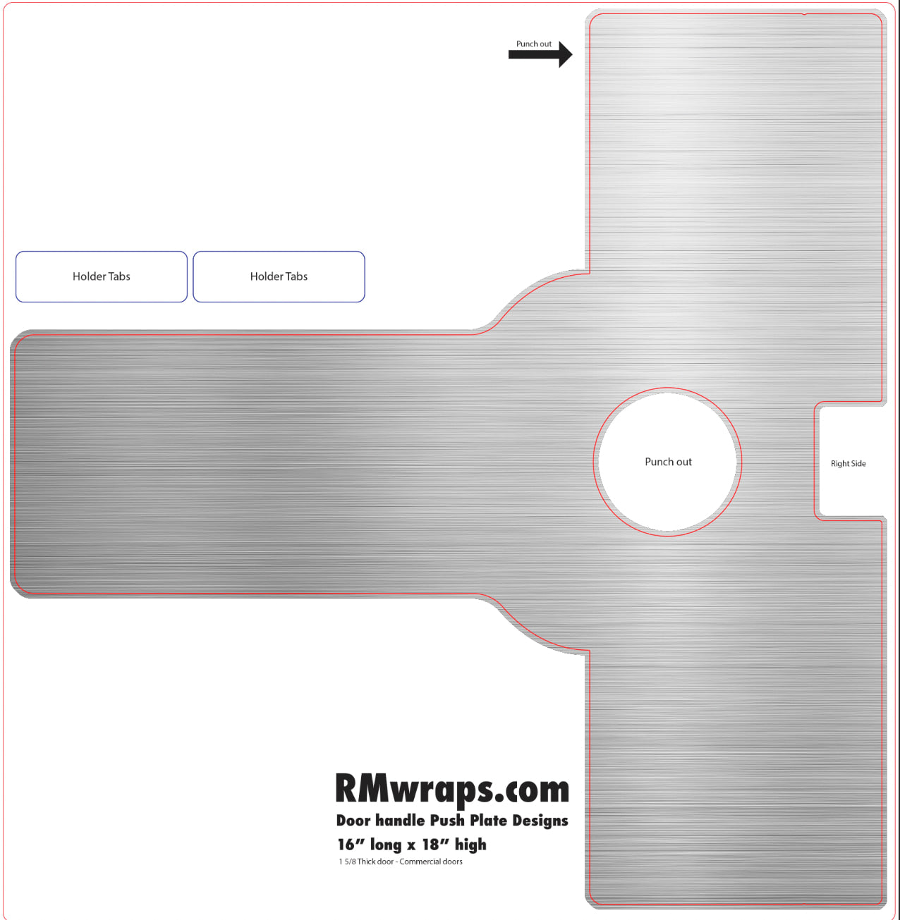 Design template for a door handle push plate with dimensions and RMwraps.com branding.