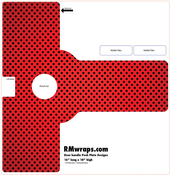 Red and black polka dot door handle push plate design with RMwraps.com branding.