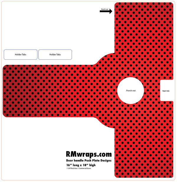 Red and black polka dot door handle push plate design with labeled parts on a white background.