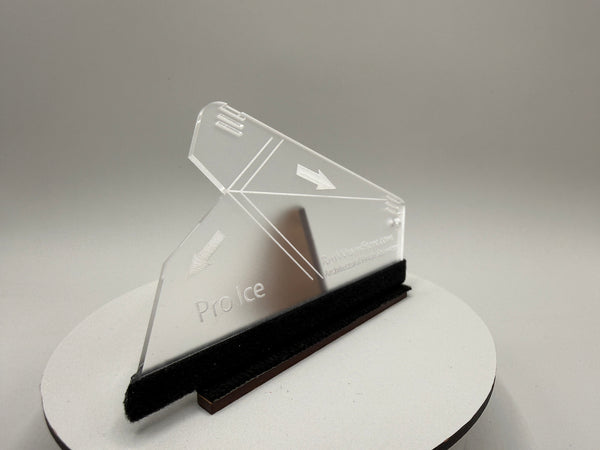 Clear acrylic product display stand with 'ProIce' branding on a gray background