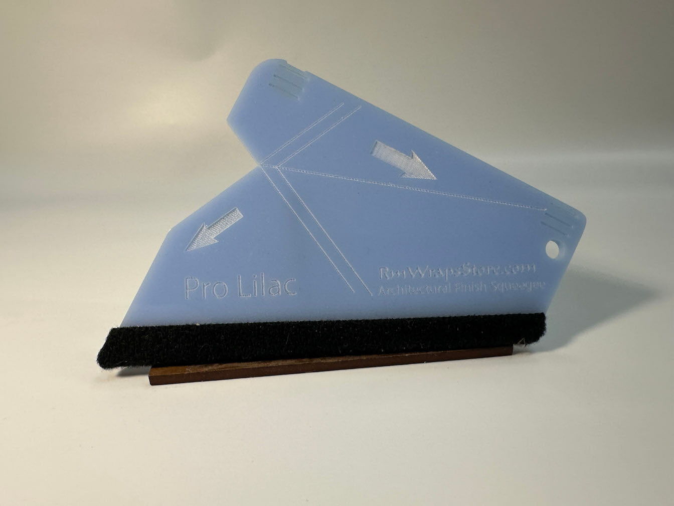 Acrylic squeegee with a Black microfiber felt surface, featuring guide arrows and a lanyard hole, positioned on a white background.