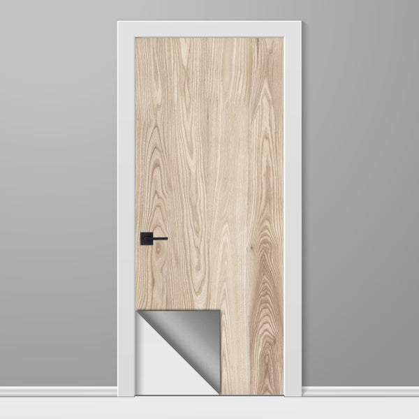 Wooden door with white frame and gray floor on a gray background