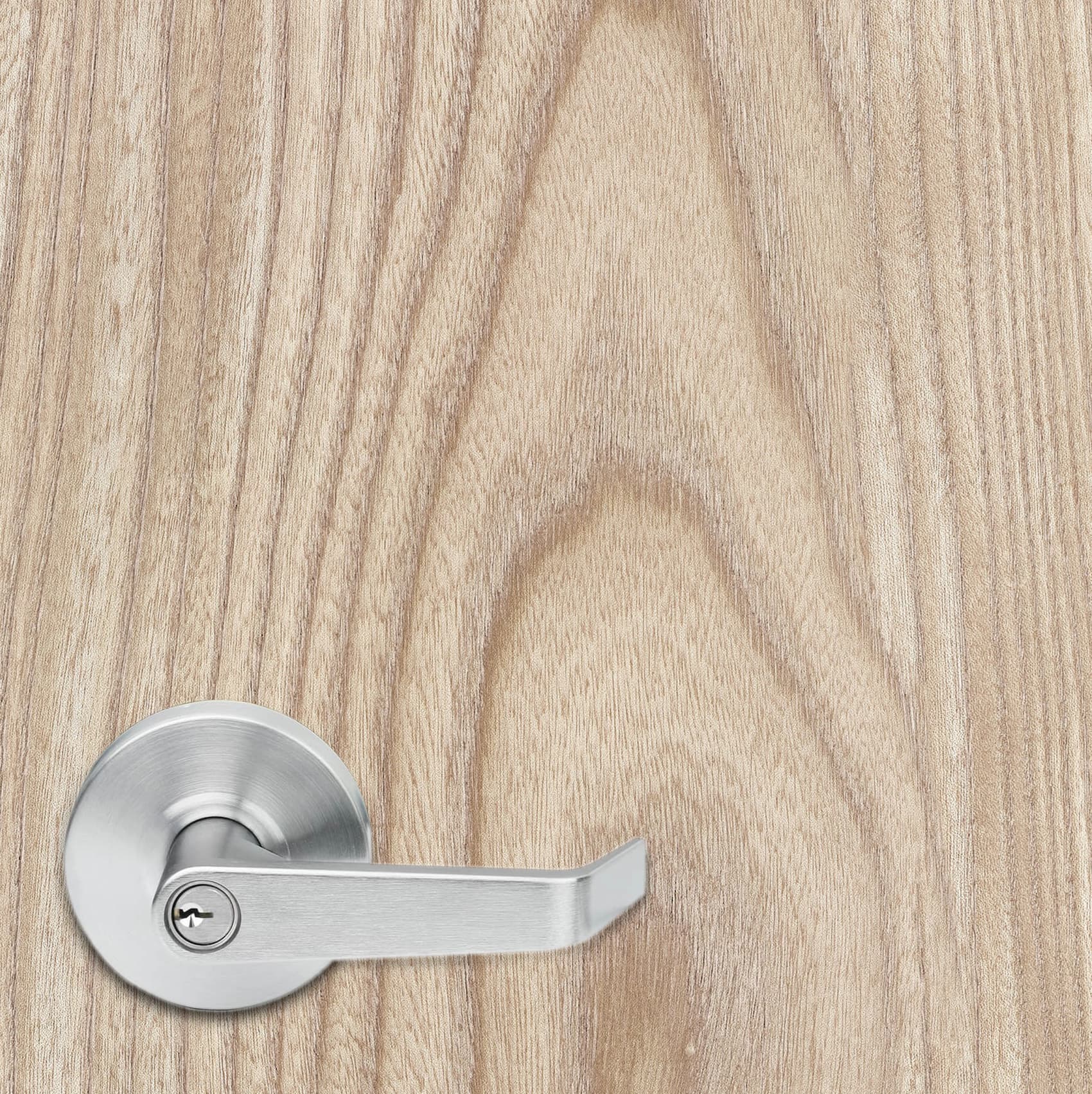 Metal door handle on a wooden door