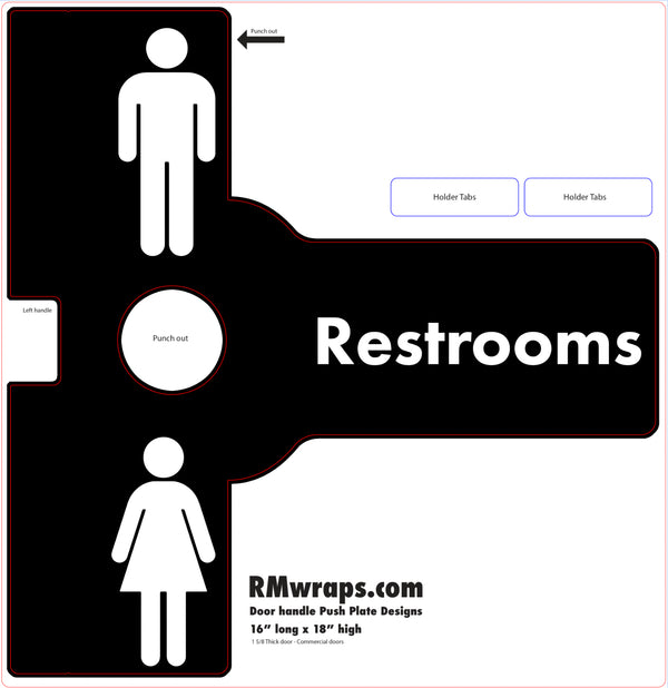 Restrooms sign with gender symbols and text 'RMwraps.com' on a white background