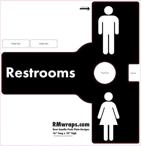 Restrooms directional sign with male and female symbols and 'RMwraps.com' branding.