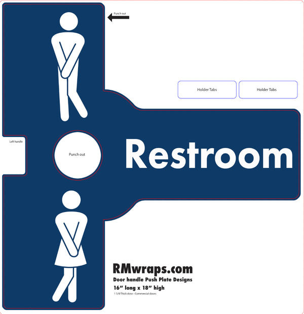 Restroom sign with male and female symbols and 'RMwraps.com' branding.