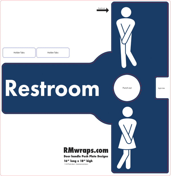 Restroom sign with male and female symbols on a blue background, featuring RMwraps.com branding.