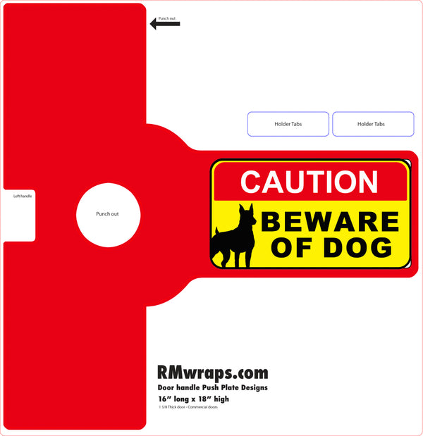 Red vinyl wrap cutout with 'Caution: Beware of Dog' sign on a white background
