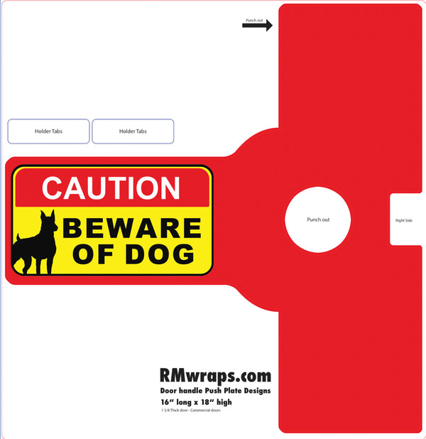 Red die-cut sign template with 'Caution: Beware of Dog' label and RMwraps.com branding.