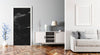 Modern living room with a black marble print on the wall, white cabinet, and gray sofa.