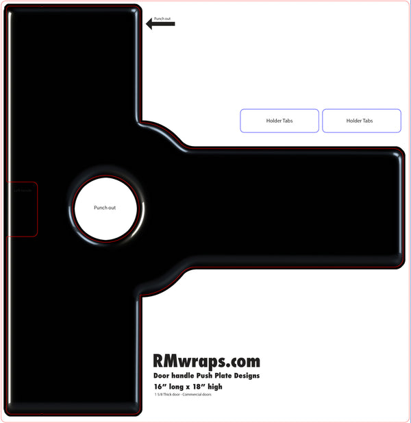 Black die-cut template with labeled parts on a white background, featuring RMwraps.com branding.