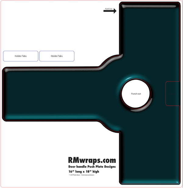 Design template for a door handle push plate with 'RMwraps.com' branding.
