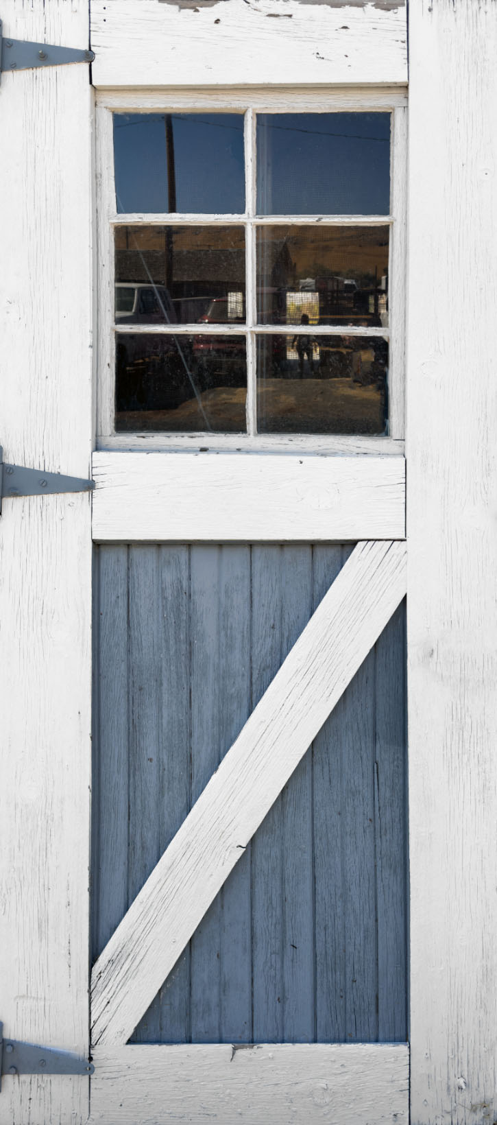 Wooden door with a window panel and blue and white design